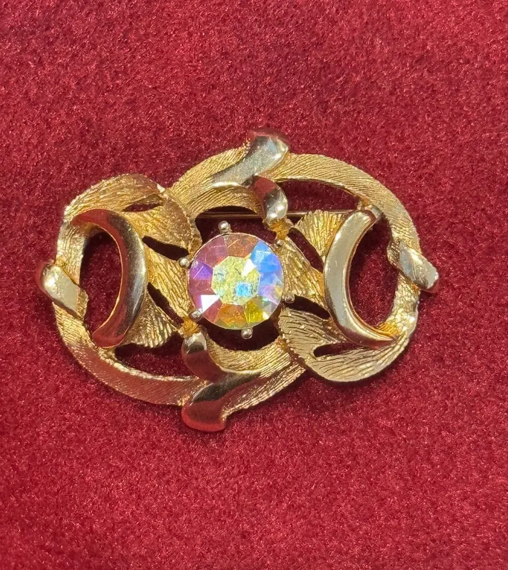 Vintage Hope Chest Goldtone AB Aurora Borealis Rhinestone Brooch Pin